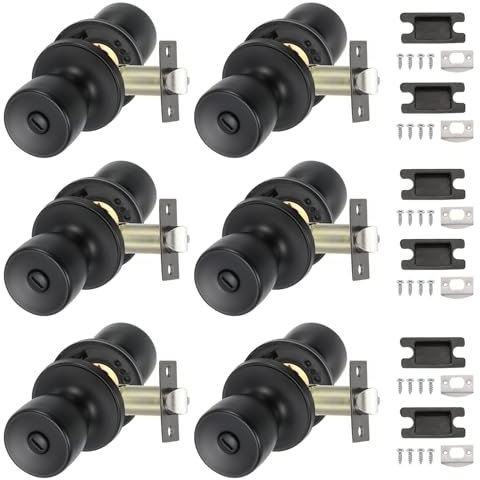 PATIKIL Privacy Keyless Door Knobs Interior, 6 Pack Round Zinc Alloy Bedroom Bathroom Door Knob with Lock Entry Indoor Outdoor Door, Matt Black