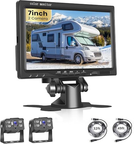 Podofo Vehicle Reversing Camera 7 inch Monitor Kit 2 x 4LED IR Night Vision Waterproof Rear View Camera System 9-36V with 4 Pin Aviation 32ft + 49ft Cable for RV Truck Trailer Bus Motorhome