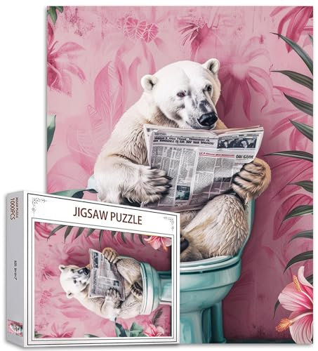 Tucocoo 1000 Pieces Jigsaw Puzzles for Adults Funny Polar Bear Puzzle Animal on Toilet Reading Newspaper Art Puzzles for Challenging Family Activity Game Colorful DIY Crafts Puzzle Wall Decor Gifts
