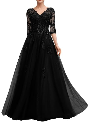 TANPAUL Damen Tüll Lange Abendkleider - Elegant Spitze Brautmutterkleider V-Ausschnitt A-Linie Hochzeitsgäste Kleider Maxi Formal Partykleider mit 1/2 Ärmel