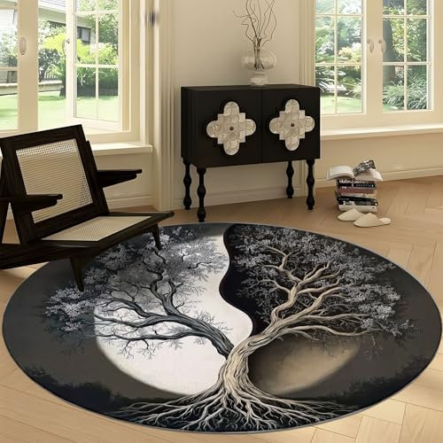 Generisch Rund Teppich Wohnzimmer Yin und Yang Lebensbaum 240 cm Rund Teppich- Küche Jugendzimmer Esszimmer Flur und Schlafzimmer Rund Teppich Kurzflor Rund Teppich Extra Weich Pflegeleicht