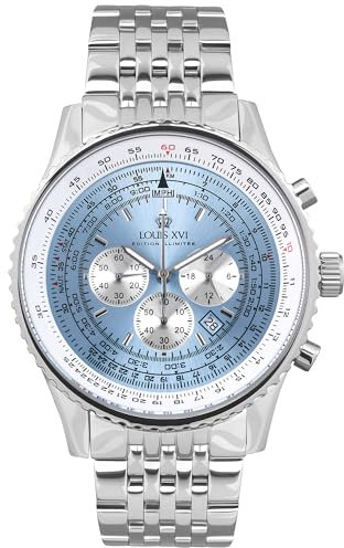 LOUIS XVI Artagnan 3421 - Ø 47.5 mm - Herren Uhr - Chronograph - Wasserdicht - Uhr mit Saphirglas - Armband Silber - Zifferblatt Hellblau