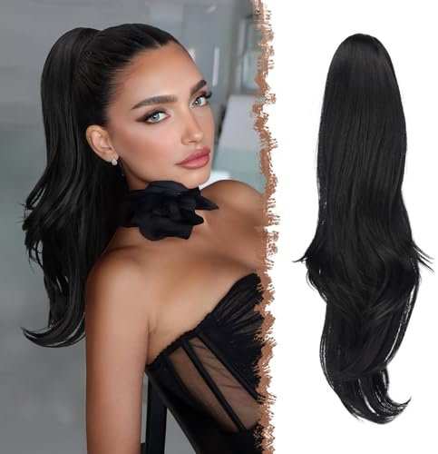 FESHFEN Zopf Pferdeschwanz mit Kordelzug, Natürlich Wellig Layered Haarteil Synthetik Schwarz Haarverlängerung Clip in Ponytail Haarextension Haarzopf für Damen, 50cm