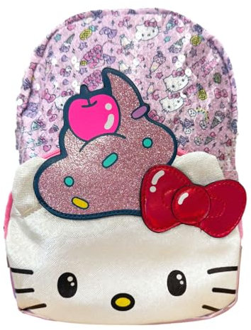 Hello Kitty Kinder-Rucksack mit Riemen, offizielles Lizenzprodukt, 22,9 cm, Cupcake-Pailletten, leicht, Tagesrucksack für Mädchen