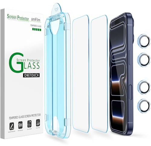 amFilm OneTouch Schutzfolie für iPhone 17 Pro Max 6.9 2025 | Härte 9H mit Kameraobjektivschutz aus Gehärtetem Glas, mit Easy Installation Kit, Auto-Alignment Hülle Freundlich 2+4 Stück