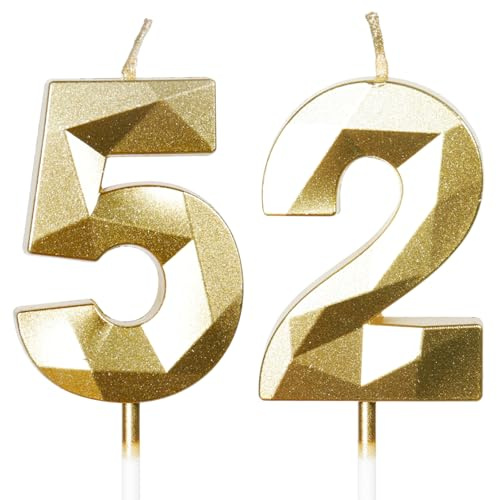 Yiran 52nd Birthday Candles, Gold Number 52 Happy Birthday Candles, Cake Topper Decorations for Birthday Party, Wedding Anniversary Celebration Supply