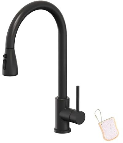 Asinse Wasserhahn Küche Schwarz, Hoher Bogen Küchenarmatur aus Edelstahl, Armatur Küche mit herausziehbarer Brause, 360° drehbarer Küchenhahn mit 3 Strahlarten