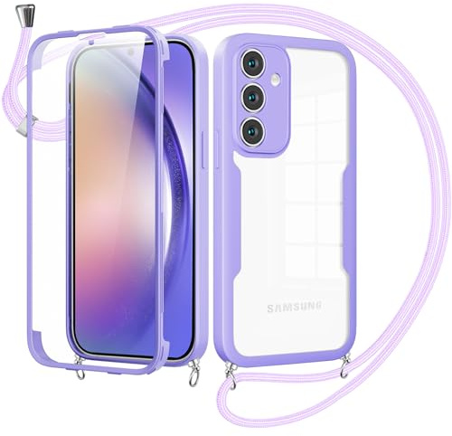 Jrkvniv Handyband mit Band für Samsung Galaxy A54 5G Hülle-Necklace HandyHülle,Eingebautem Schutzfolie Anti-Kratzer,360 Grad Displayschutz Ganzkörper Robuste Case Transparente für 6.4-Lila