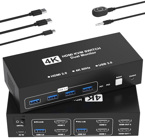 Switch KVM HDMI 2 monitor 2 computer, 4K @ 60Hz Dual Monitor KVM Switch USB con 4 porte USB 3.0 Condivisione tastiera Mouse Stampante, Interruttore per computer Monitor Switch per 2 computer con