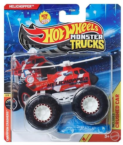 Hot Wheels Monster Trucks Helichopper [Red] Champion Crashers 2/8 - Includes Crushed Car - 1:64 Scale Diecast Toy Vehicle