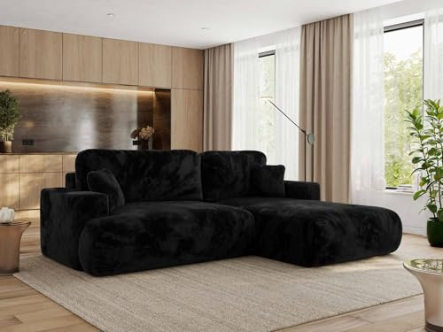 MKS MEBLE Ecksofa Wohnlandschaft L-Form mit Schlaffunktion und Bettwäscheschrank, Schlafsofa mit Bettkasten, modernes Sofa OVO L - Rechts - Schwarz Plüsch