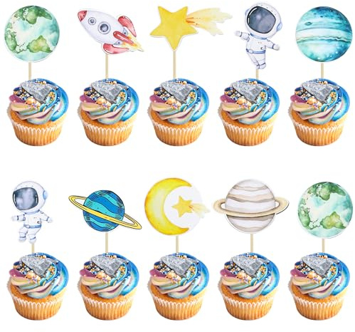Tazuxetuqe Lot de 36 décorations pour cupcakes thème espace et astronaute, planètes, fusées, vaisseaux spatiaux, voyage sur la lune, étoiles, pics à cupcakes, univers, accessoires de fête