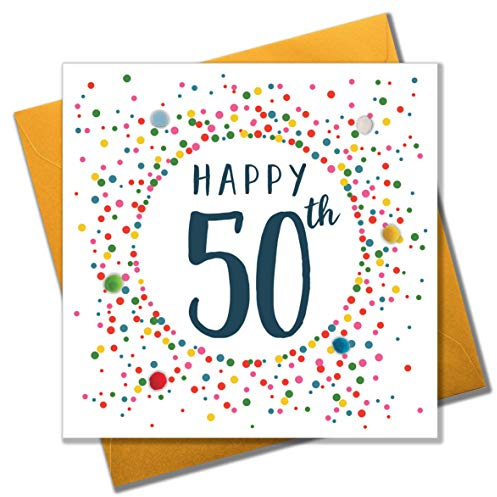 Claire Giles Greeting Cards, Happy 50th Birthday Card, Dotty Age 50 Greeting Card, Embellished with colourful Pompoms