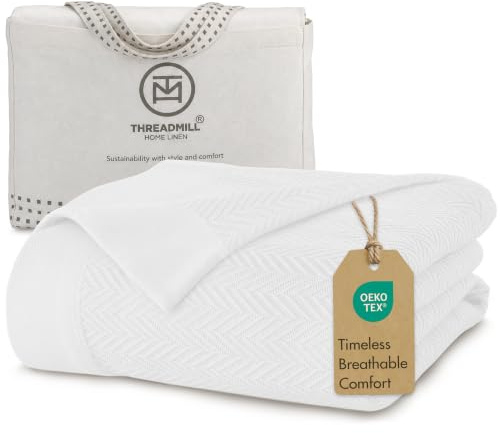 Threadmill Luxury 100% Cotton Queen Herringbone Blanket, Bright White