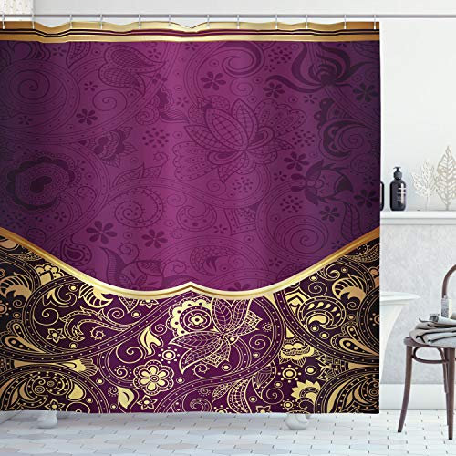 ABAKUHAUS orientalisch Duschvorhang, Oriental Blumenwirbel, Stoffliches Gewebe Badezimmerdekorationsset mit Haken, 175 x 200 cm, Fuchsienfarben Hellgelb Pflaume