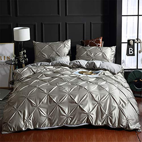 Graues Plissee-Bettbezug-Set für King-Size-Betten, Seidenähnliches Satin-Biesen-Bettwäsche-Set mit Reißverschluss, Rüschen-Design, luxuriös und Mikrofaser, Bettbezug mit Biesen, dekorative Tagesdecke