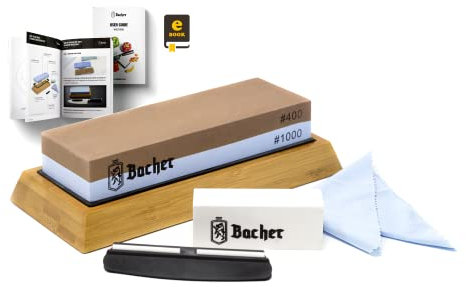 Bacher Piedra de Afilar Premium Marca 2 Lado Grano 400/1000 Piedra afiladora- afilador de Cuchillos con Base de bambú Antideslizante, Piedra de aplanamiento, guía Angular y eBook de guía Detallada