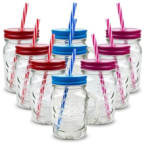 Pack of 9 Mason Jars with Handles, 500 ml Durable Drinking Glasses with Lids, Straws – Perfect for Cold Beverages
