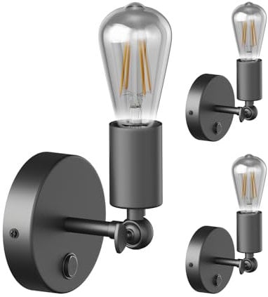ledscom.de 3 Stück Vintage Wand-Leuchte FETRO Schalter, schwarz, schwenkbar + LED Lampe 240lm, extra-warmweiß