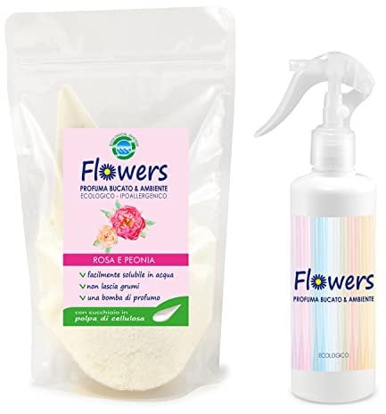 Parfüm Wäsche, Rosa und Pfingstrose - Umweltfreundliches Pulver, 200 g Set mit Raumduft