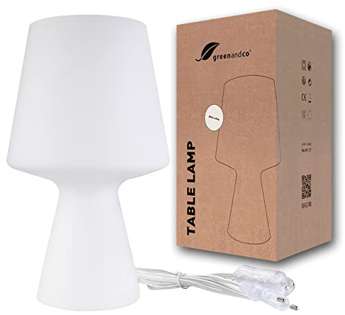 greenandco Tischleuchte | Glas | weiss | E27 | Tischlampe mit Schalter und Stecker | Höhe 25cm | ø15cm