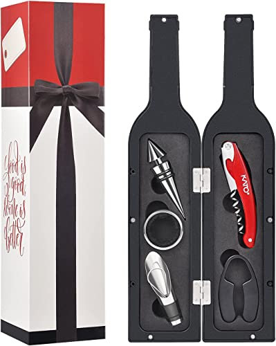 Kato Tirrinia Wine Opener, Corkscrews Wine Bottle Opener, Wine Accessories Gift 5 Pcs/Set, Stopper, Drip Ring, Foil Cutter Wine Pourer, Wine Gift Set for Wine Lover, Sliver