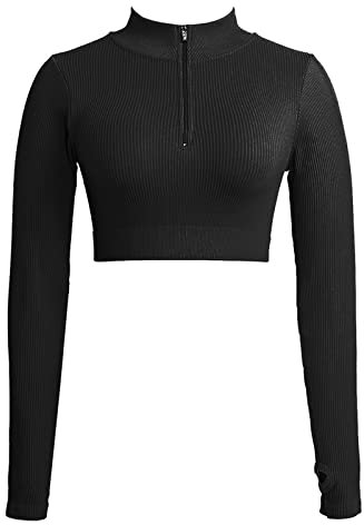 Jetjoy Damen Sportshirt Langarm Funktionsshirt 1/2 Reißverschluss Laufshirt Schnelltrocknend Langarmshirts mit Daumenloch Fitness Stehkragen Oberteile,Schwarz,L