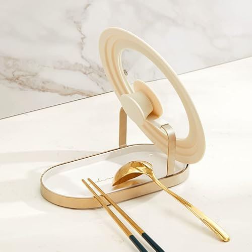 STARRY G Pot Lid Holder Stand, Kitchen Utensils Rest with Drip Pan, Cooking Spoon Rest with Lid Holder, Countertop Organiser Rack for Ladles, Tongs, Spatula, Flatware Tray Shelf - White Single Layer