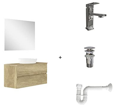 Baikal Pack solución Completa. Incluye: Mueble de Baño, Lavabo cerámico, Grifo, Sifón Extensible y Válvula de desagüe. Mueble MONTADO. Entrega Todo en uno. 2 Cajones con Espejo 120 cm Nature