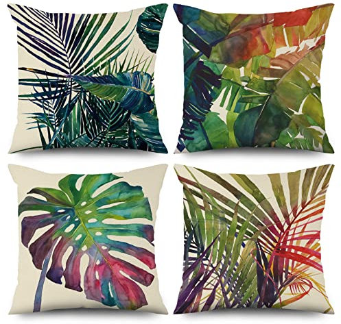 ASDCXZ Grün Kissenbezug 40x40 cm 4er Set, Frühling Aquarell Grün Blätter Sofa Dekokissen Kissenbezüge Kissenhülle Waschbar Polyester Flachs Textil Outdoor Polster Kopfkissenbezug Kissen Bezug