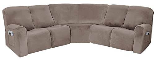 7-teilige L-förmige Sofabezug für 4-Sitzer und 1 Ecksitz, Samt, Stretch, L-Form, 5-Sitzer, Ecksofa, dick, weich (Taupe, Samt)