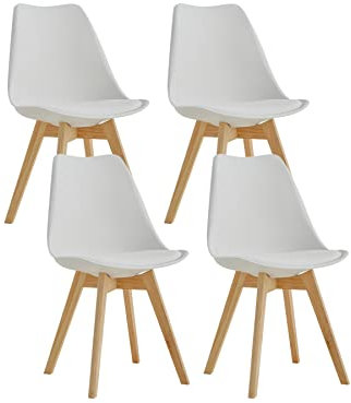 GrandCA HOME 4er-Set Esszimmerstühlen, Küchenstuhl mit Beinen aus Kiefernholz, gepolsterte Stühle für Esszimmer, Wohnzimmer und Küche, Weiß