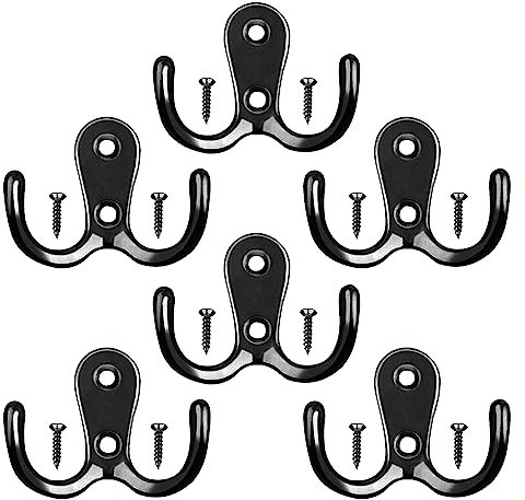 Back Door Hooks Coat Hooks Prong Door Clothes Hooks Metal Door Hook Clothes Hook Matt Black Mounted Wall Hooks Double Hooks for Bathroom Bedrooms Hanging Clothes Robe Towel Kitchen(6Pcs