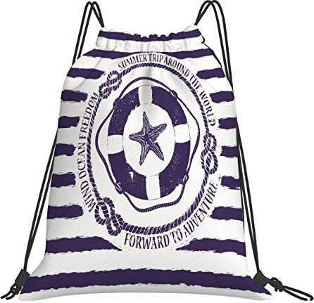 DELURA Rucksack mit Kordelzug,Reise um die Welt, nautisches Emblem mit Rettungsring, Seestern, gestreift, dekorativ,Kordelzug-Sackpack für Sport, Yoga, Reisen, Cinch-Tasche mit Reißverschlusstasche