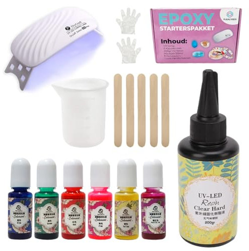 Fleau Kids Epoxidharz-Starterpaket XL – inklusive 200 g Gießharz – UV-Lampe – Ohrringe – Schmuckherstellung – Silikonformen – Kunstharz – Tinte in 6 Farben