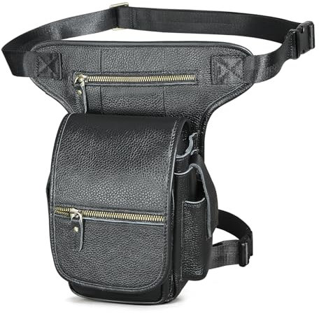 Herren Canvas + Leder Motorrad Reiten Tasche Beinbeutel Beintasche Außenbeintasche Hüfttasche Drop Leg Tasche FB211-8 (X-3110 Schwarz -100% Leder)