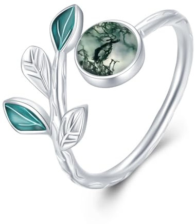 Moosachat Ring 925 Sterling Silber Moosachat Offener Ringe Damen Regenbogen Moosachat Schmuck Muttertags Geschenk Halloween für Frauen Mädchen