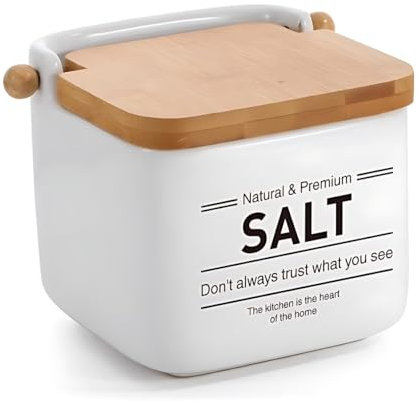 Salero de cocina clasicos SALT de ceramica con tapa de madera bambu