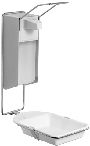 ARNOMED 1 Distributore di disinfettante con vaschetta di raccolta, dispenser in alluminio da 1000 ml, dispenser di sapone per montaggio a parete con leva lunga, dispenser Euro per disinfettante
