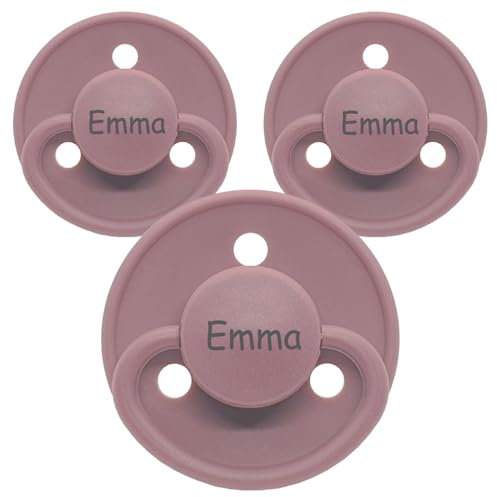 Namensschnuller, personalisiert auf Schnullern von Mininor, Naturkautschuk, Rund. Größe 2, 3-36 Monate, 3 Stück, Schnuller mit Namen, Nuckel, BPA-frei Schnuller, Graviert