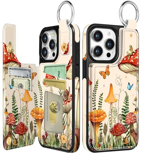 Shorogyt Compatible with iPhone 12 Pro Wallet Case with Card Holder - Designer Mushroom Frog Pattern Kickstand Magnetic Clasp Back Flip Folio Leather Phone Covers for Women Men Girls