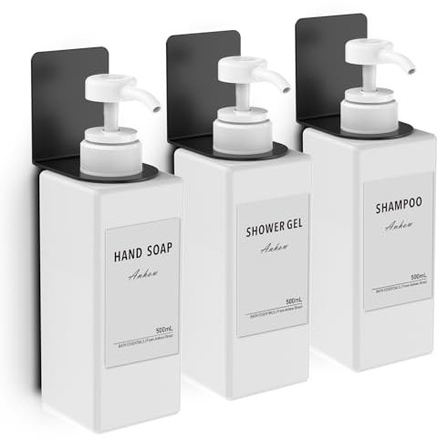 Anhow 3er Seifenspender Wandbefestigung Set, 500ml Seifenspender Wand Ohne Bohren Kunststoff Spülmittelspender mit 16pcs Wasserdichten Etiketten für Küche und Badezimmer - Weiß mit Schwarzer Haken