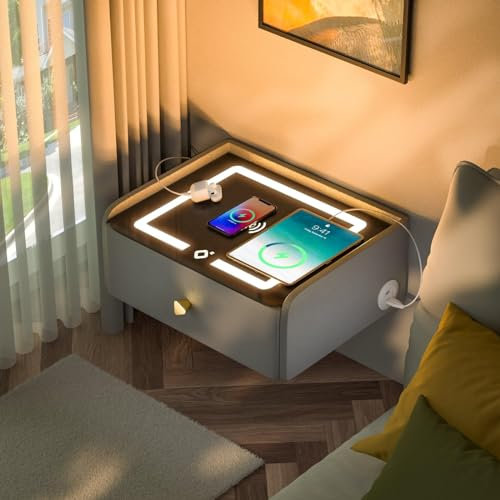 ihomemore Nachttisch Hängend Wandregal Mit Schublade Smart Nachttisch Schlafzimmermöbel-Optionen für Junge Erwachsene Grau