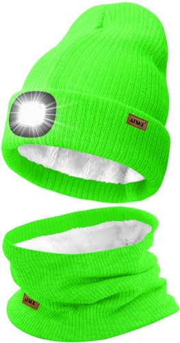 ATNKE LED Mütze mit Licht und Schal Set, Wiederaufladbare USB 4 LED Beleuchtete Laufmütze Winter Warme Gefütterte Fleece Halsschlauch und Stricken Mütze für Herren und Damen Geschenke/FluoresceGreen