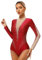 FEESHOW Damen Gymnastikanzug Langarm Glitzer Turntrtikot Transparente Mesh-Patchwork Tanz Ballett Body Mit Strass Eislaufen Tanzkleidung Rot M