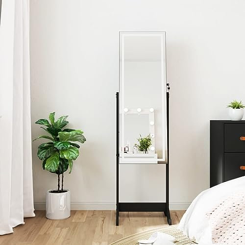 AUUIJKJF Armoire à bijoux avec miroir et lumières LED sur pied - Noir