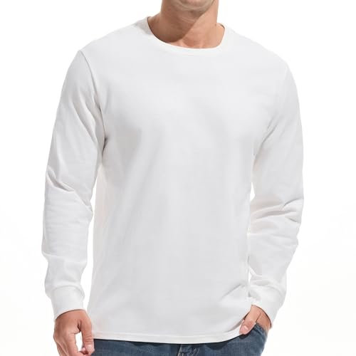 VEIISAR Men's Heavy Weight Crew Neck Long Sleeve T Shirt - Mens 100 Cotton Thick Pre Shrunk Shirts (T2L White L)