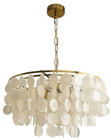 Modern Pendelleuchte Coastal Capiz Muschel Kronleuchter Moderne runde Muscheln Pendelleuchte Home Idyllischer Stil Bauernhaus Decke Hängelampe for Esszimmer Wohnzimmer Küche Bad(30cm)