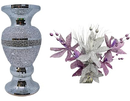 Silver Crystal Crushed Diamond Vase With Artificial Flowers (Ceramic + Silk, Silver + Purple)