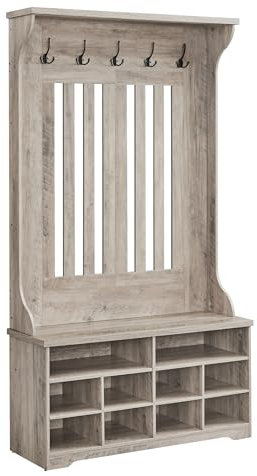 VASAGLE Meuble d’Entrée, Porte-Manteau avec Banc à Chaussures, Vestiaire, Rangement pour Chaussures, 5 Crochets Triples, Gain de Place, pour Entrée, Couloir, Étagères Réglables, Grège Chiné HSR404T02